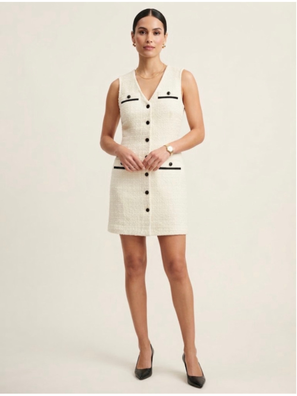 LOFT Textured Tweed Button-Front Dress Cream Black